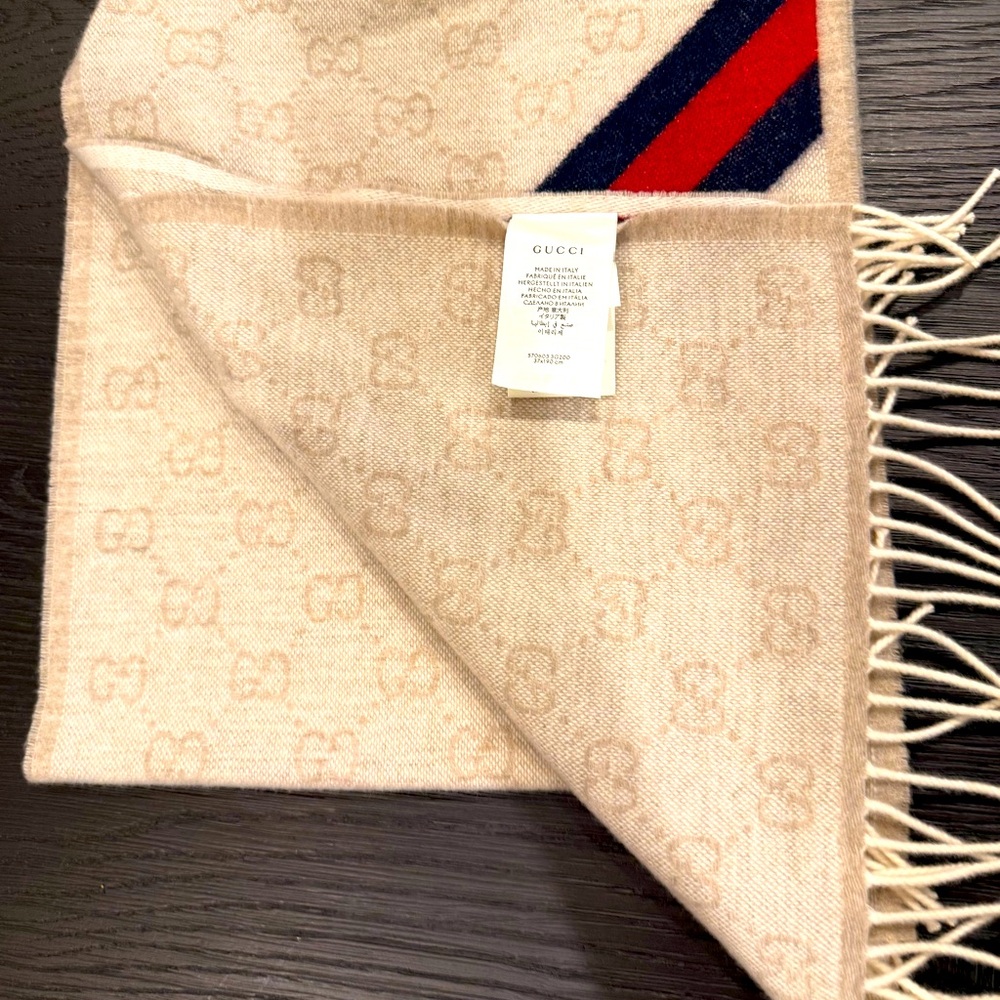 Gucci Beige Scarf with Red and Blue Stripes